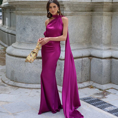 Elegant Women's Ribbon Long Satin Party Dress Halter Backless Sleeveless Female Dresses 2025 Summer Lady Solid Evening Gowns - Smarsty