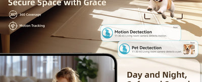 2.4＆5G WiFi Indoor Camera, 2K, 360° PTZ Pet Dog IP CCTV Camera with Phone App, 2-Way Talk, Night Vision, for Home Securi