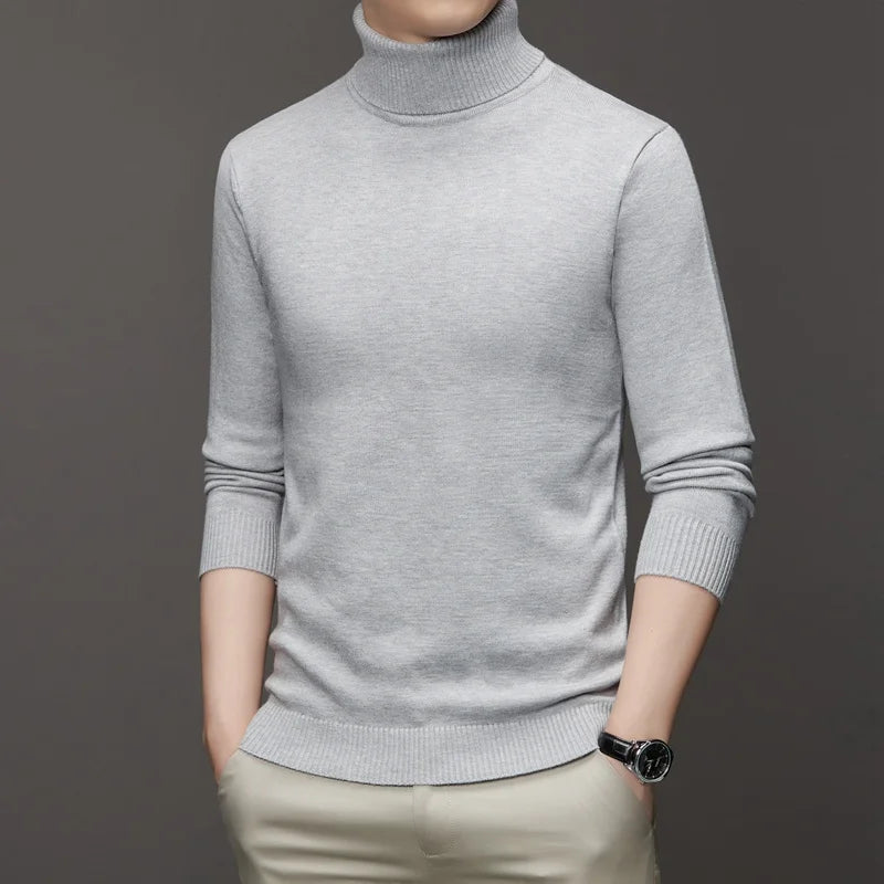 Autumn Mens High Quality Knitted Turtleneck Sweater Slim Fit Long Sleeve Anti-pilling Pullover Solid Color Trend Men Streetwea - Smarsty