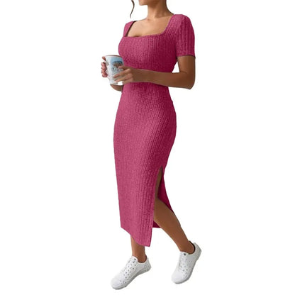 Summer Square Neck, Hip-Hugging Mid-Length Skirt, Short-Sleeved, Versatile Knitted Slit Dress - Smarsty