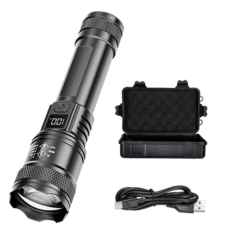 Rechargeable LED Flashlight Zoomable Torch with LCD Display 3 Modes Waterproof High Power Hand Light Outdoor Wilderness Camping - Smarsty