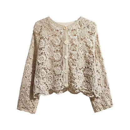 Lace Small Shawl Cotton Cardigan female 2023 spring and summer o neck long sleeve solid casual Versatile Hollow Cardigan Female - Smarsty