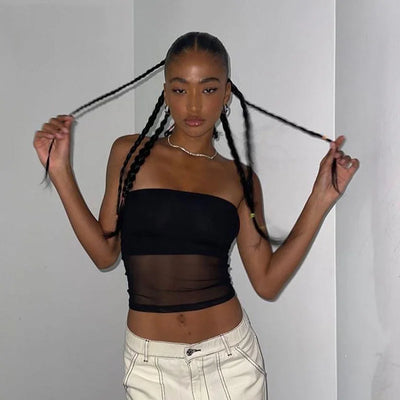 Mesh Corset Black Crop Top Women Patchwork Tube Top Sexy Sleeveless Off Shoulder Cami Summer Streetwear Slim Strapless Tank Tops - Smarsty