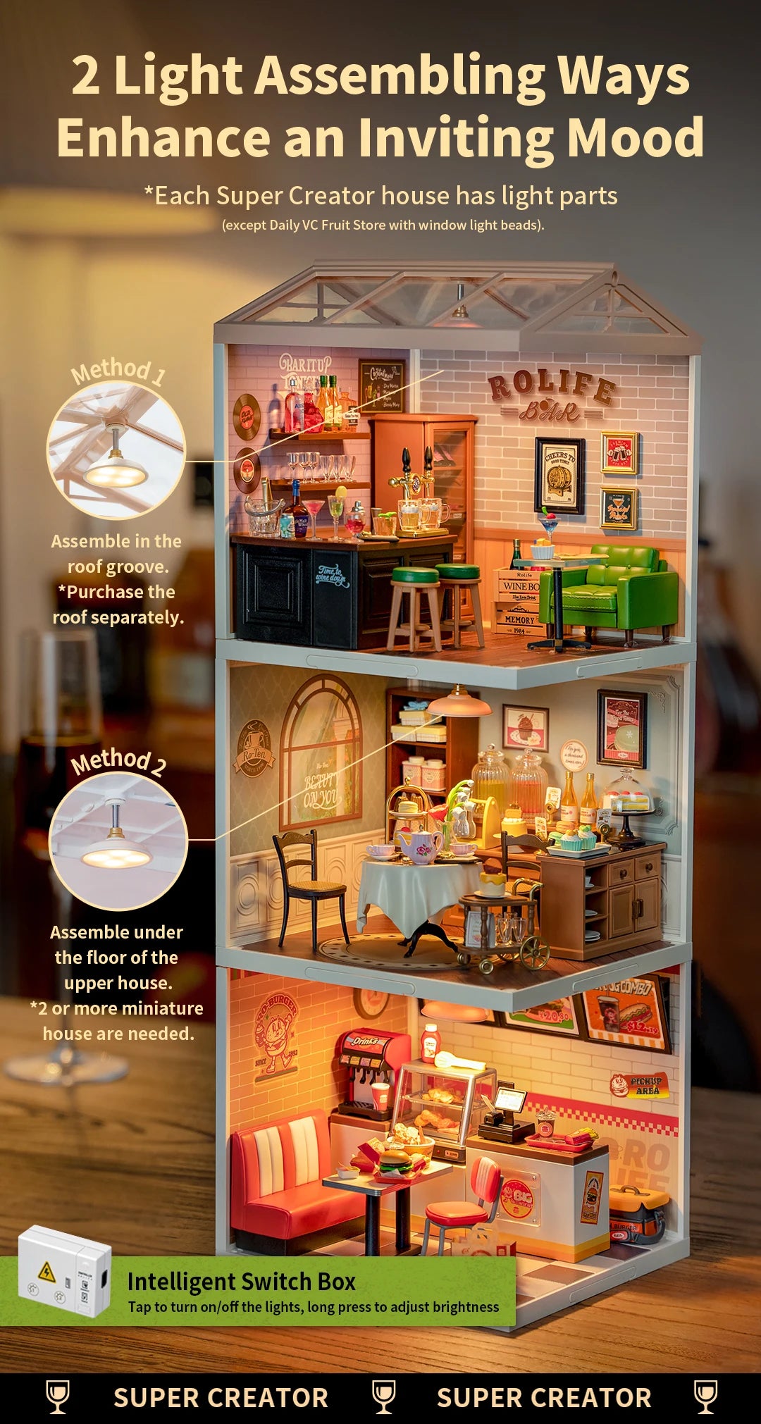 Robotime Rolife Super Creator Series Plastic Dollhouse Building Blocks for Kids Yum Burgers Leisurely Cheers Bar Sweet Sips Tea