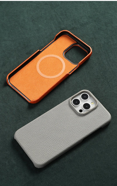 MagSafe Leather Case Natural Cowhide Lychee Finish Premium for iPhone 15, 16, 17 - Smarsty