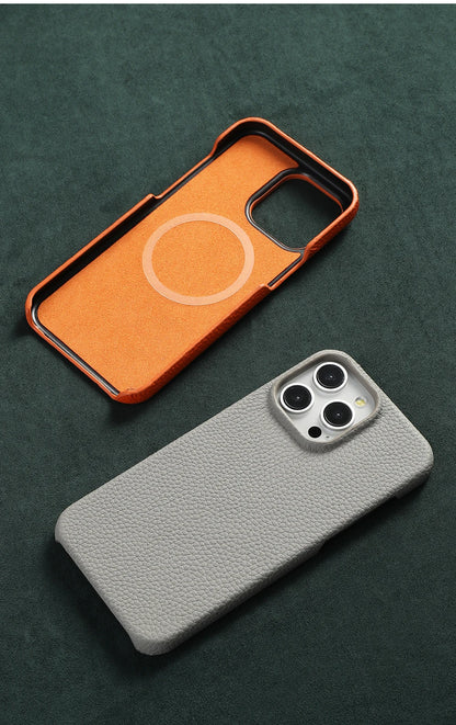 MagSafe Leather Case Natural Cowhide Lychee Finish Premium for iPhone 15, 16, 17 - Smarsty
