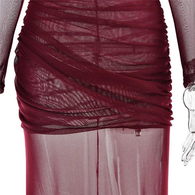 Mozision Mesh Ruched Sexy Maxi Dress For Women Fashion Zipper Patchwork See Through Long Sleeve Elegant Club Party Long Dress - Smarsty