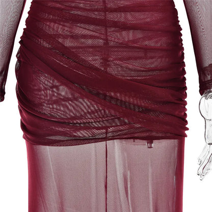 Mozision Mesh Ruched Sexy Maxi Dress For Women Fashion Zipper Patchwork See Through Long Sleeve Elegant Club Party Long Dress - Smarsty