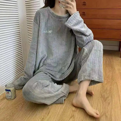 Autumn Women Solid Warm 2 Piece Sets Thicken Velvet Ribbed Fleece Set Pullover And Pants Women Casual Pajama Sets 2024 - Smarsty