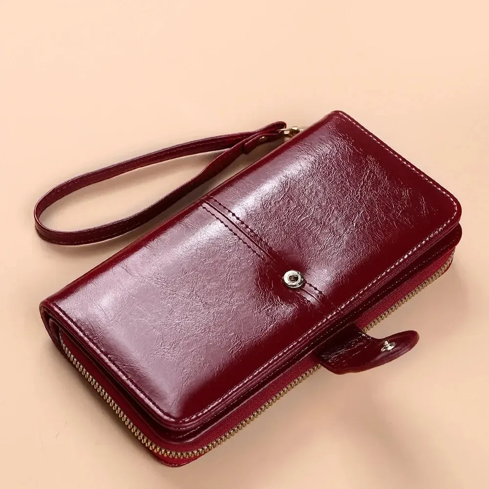 Women's Vintage Oil Wax PU Leather Clutch Wallet Female Large Capacity Phone Purse Ladies Wristband Simple Card Holder Pouch Bag - Smarsty
