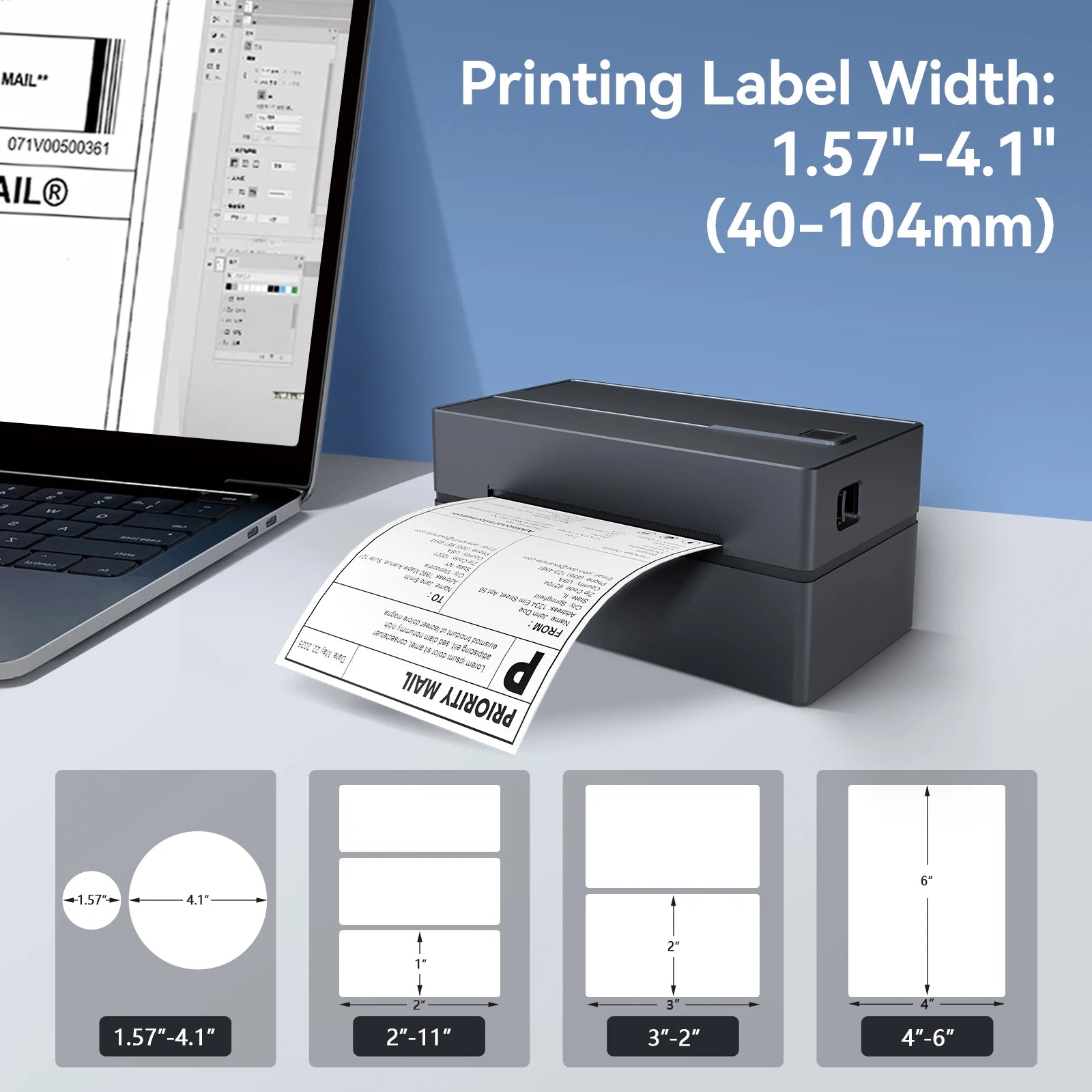 Thermal Label Printer Portable No Ink Required 203DPI 4x6 for Small Business Bluetooth USB High Speed Express Airway Bill