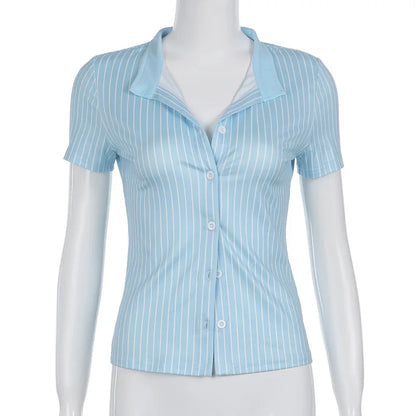 Sweetown Blue Stripe Short Sleeve Shirts For Women Button Up Turn Down Collar Slim Simple Casual Preppy Tops Basic Summer Tees - Smarsty
