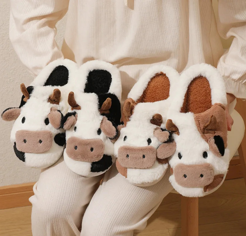 Winter Home Slippers for Couples Warm Plush Neutral Cartoon Cow Indoor Anti Slip Comfortable Cotton Slippers for Men and Women - Smarsty