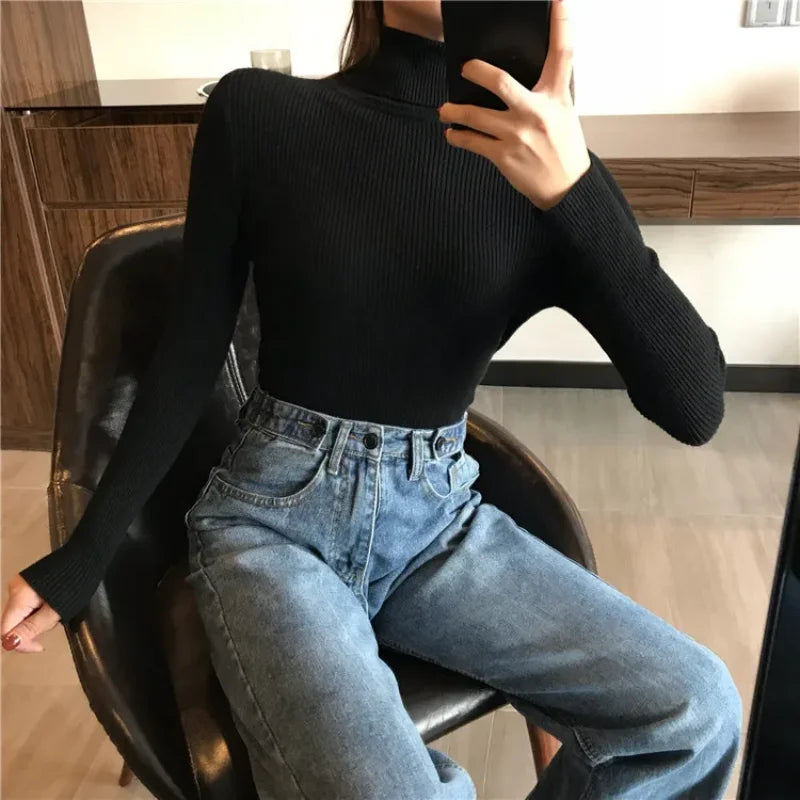 2024 Autumn Winter Thick Sweater Women Knitted Ribbed Pullover Sweater Long Sleeve Turtleneck Slim Jumper Soft Warm Pull Femme - Smarsty