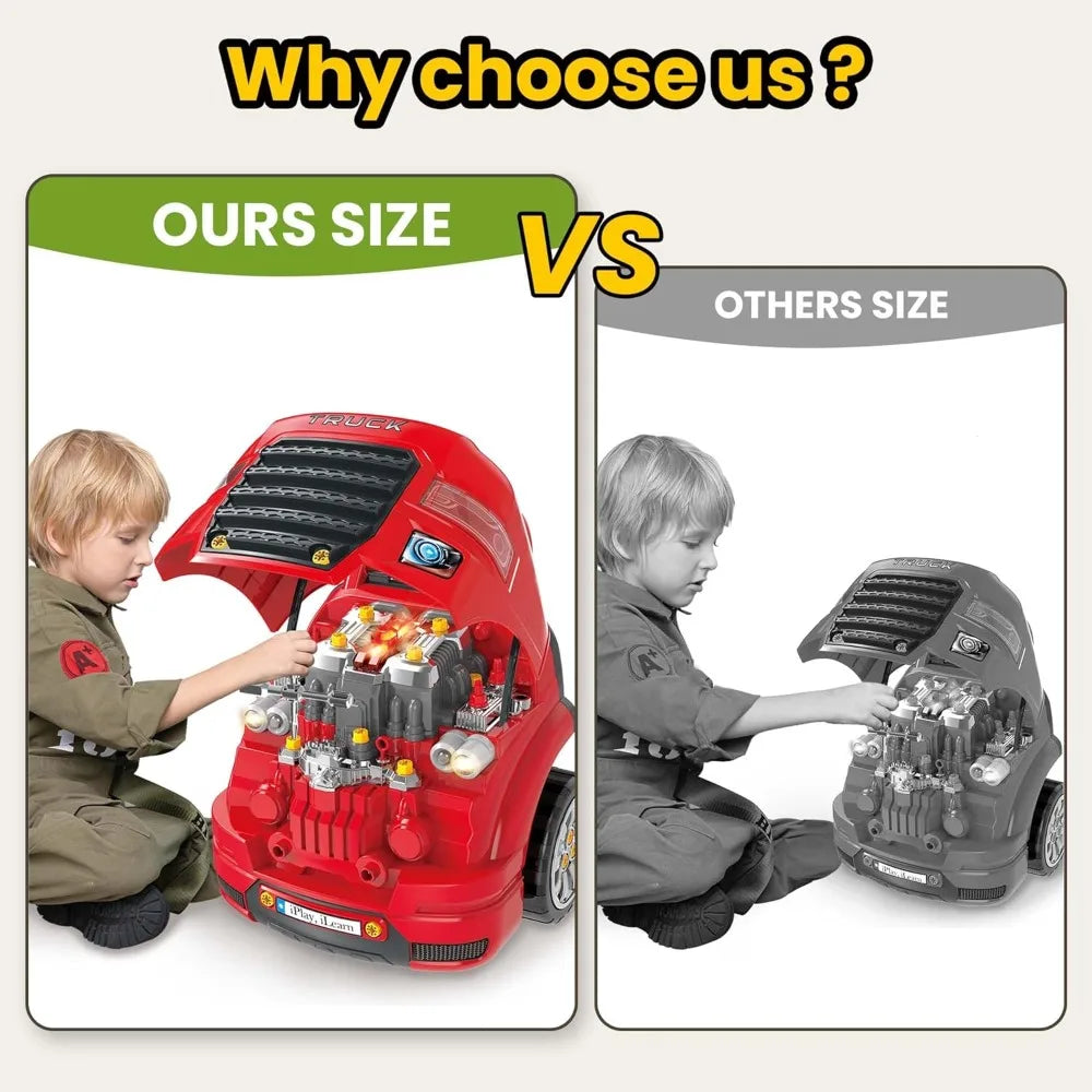 Large Truck Engine Toy, Kids Mechanic Repair Set for 3-5 Yr Toddlers, Big Car Service Station, Gifts 4 6 7 8 Year Old Boy Child