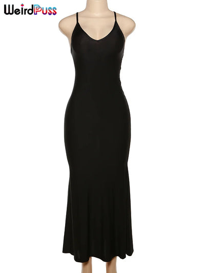 Weird Puss Sexy Backless Women Evening Maxi Dress Folds V-Neck Sleeveless Coquette Elegant Mermaid Matching Banquet Prom Bodycon - Smarsty