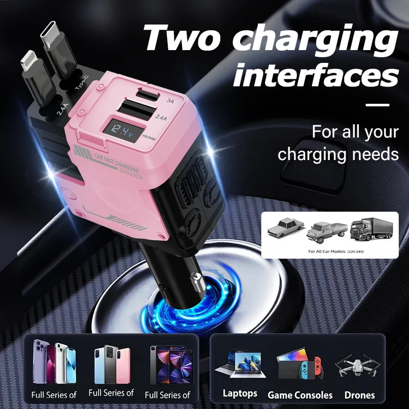 The new 120w4-in-1 retractable car fast charger, adapter, USB is suitable for all models of Apple, Samsung, Huawei, and Android