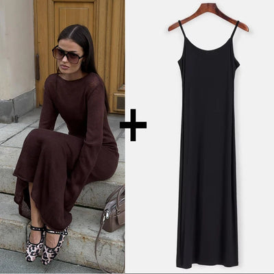 Hirsionsan Spring Autumn O-Neck Elastic Knit Long Dresses Women 2024 Elegant Chic Soft Lady Hollowing Sweater Dresses Femme New - Smarsty