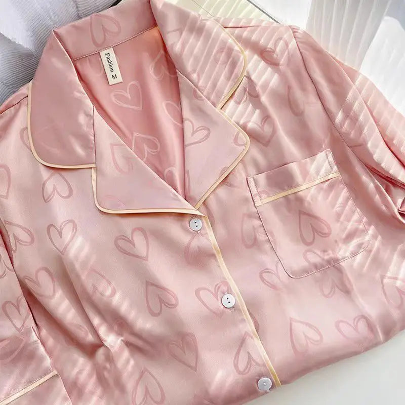 Ice Silk Pajamas Women's Long Sleeve Lace Premium Sense Two Piece Suit Sweet Homewear Love Blue Ladies Sleepwear Loungewear - Smarsty