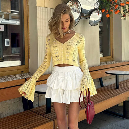 TARUXY Hollow Knitted Cardigan Women's Solid Long Sleeve V Neck Short Sweater Top Summer 2025 New Female Crochet Casual Outwear