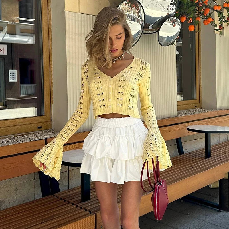 TARUXY Hollow Knitted Cardigan Women's Solid Long Sleeve V Neck Short Sweater Top Summer 2025 New Female Crochet Casual Outwear