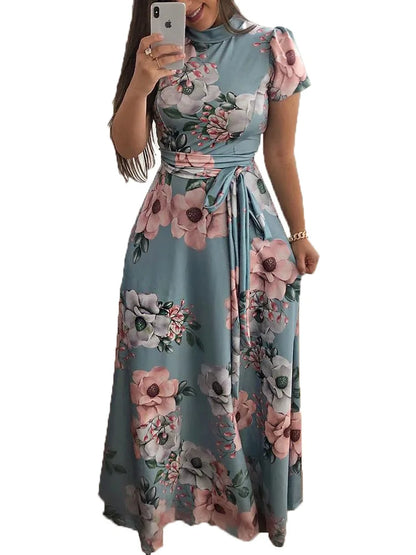 Women's Slim Dresses Casual Long Sleeve Round Neck Flower Printed Dress Strap Floor-Length Long Skirt Women's Clothing - Smarsty