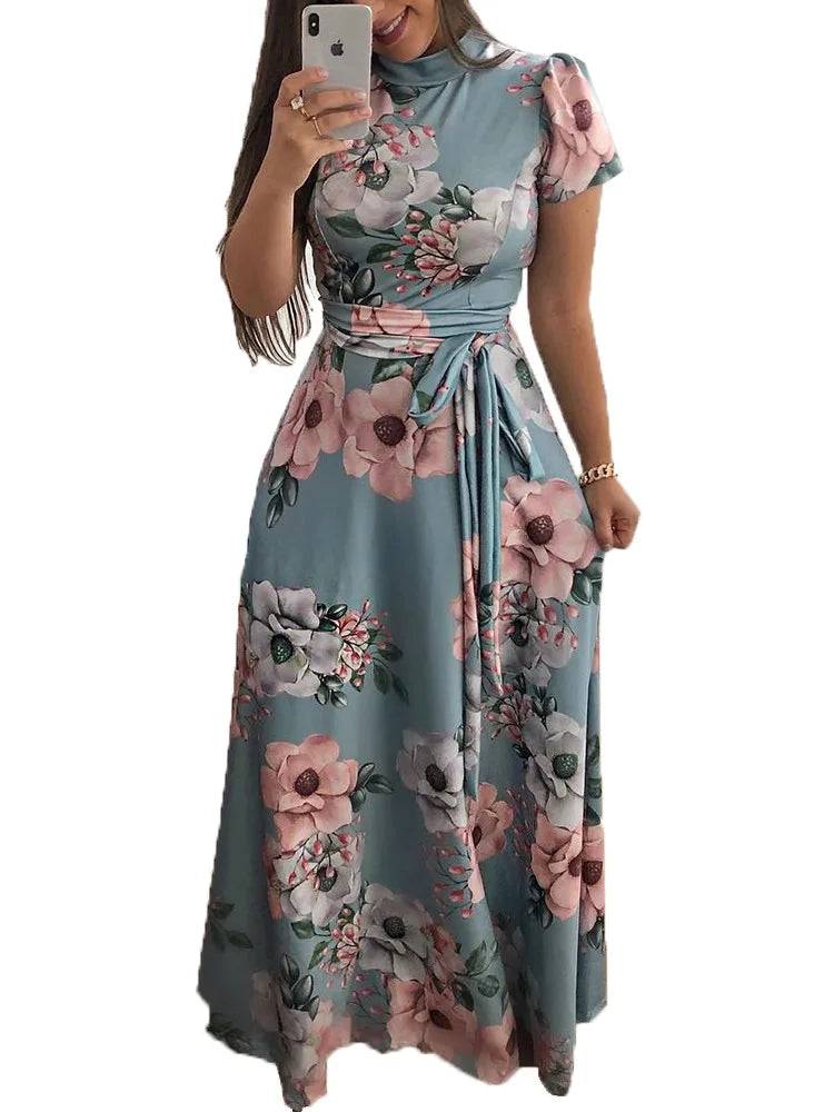 Women's Slim Dresses Casual Long Sleeve Round Neck Flower Printed Dress Strap Floor-Length Long Skirt Women's Clothing - Smarsty