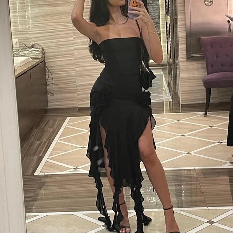 Women Strapless Sexy Floral Fold Hemline High Slit Mini Dress 2024 Solid Backless Sleeveless Black And Pink Party Dress Vestidos - Smarsty