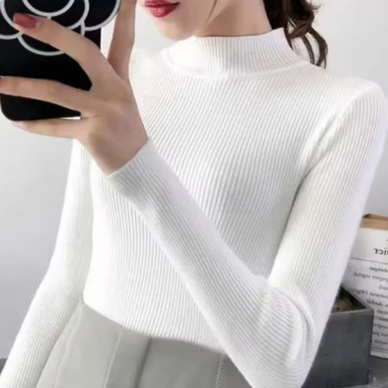 Autumn Winter Mock Neck Women Sweater Vintage Basic Solid Knitted Tops Casual Slim Pullover Korean Sweaters Simple Chic Jumpers - Smarsty