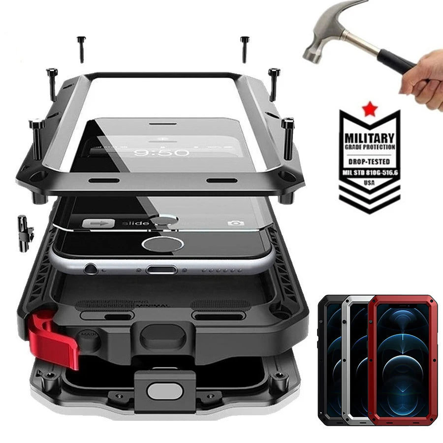 IP54 Waterproof Heavy Duty Metal Case For iPhone 17 Air 16 15 Pro Max 14 Plus 13 12 Mini 11 With Gorilla Glass Cover Fundas