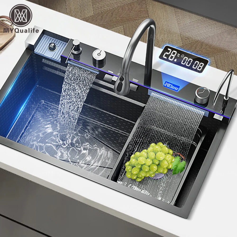 Large Stainless Steel Kitchen Sink with Digital Faucet Display - Smarsty