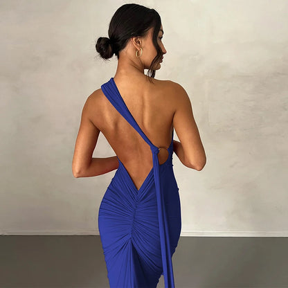 Hugcitar One Shoulder Backless Adjustable Scarf Loop Ruched Sexy Maxi Dress Women Elegant Y2K Streetwear Festival Outfit - Smarsty