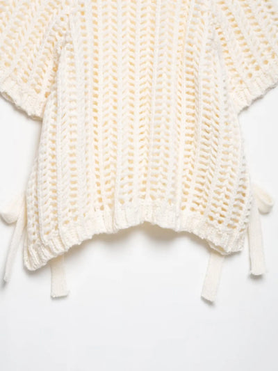 Hollow Out Knit Pullover Women Casual Round Neck Lace Up Bow Sweater Female Autumn Short Sleeves Solid Knitwears Lady - Smarsty