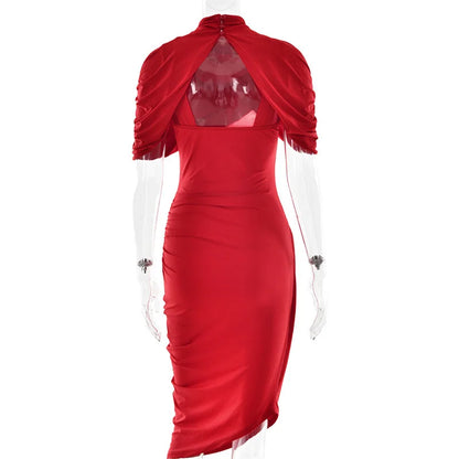 Mozision Half Sleeve Backless Ruched Sexy Maxi Dress Women Summer New Turtleneck Slim High Waist Evening Club Party Long Dress