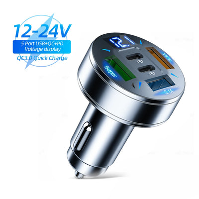 250W 5 Ports Car Charger Fast Charging PD QC3.0 USB C Car Phone Charger Adapter With Voltage For iPhone Samsung Huawei Xiaomi - Smarsty