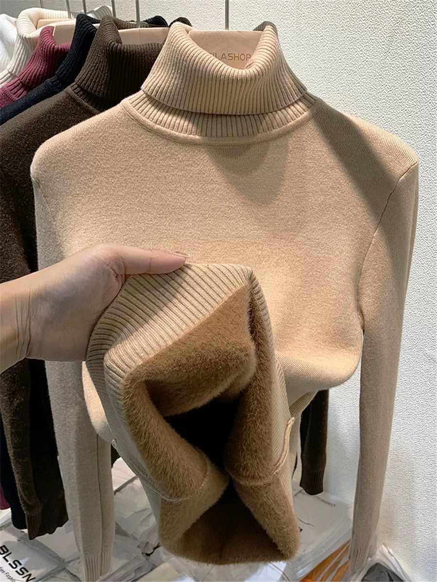 Turtleneck Winter Sweater Women Elegant Thicken Velvet Lined Warm Sueter Knitted Pullover Slim Tops Jersey Knitwear Jumper New - Smarsty