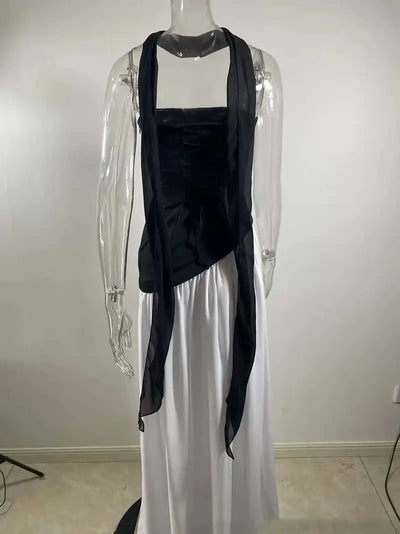Mozision Strapless Off-shoulder Sexy Maxi Dress For Women Gown Patchwork Scarf Collar Thigh High Split Club Party Long Dress - Smarsty