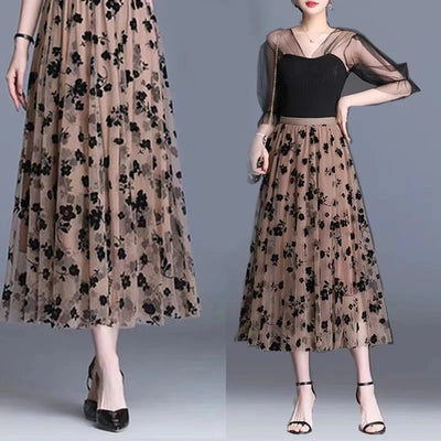 Korean Women Tulle Skirt Fashion Summer Hook Floral Loose Midi Skirt Elegant Female Casual All Match Mesh Skirts New - Smarsty