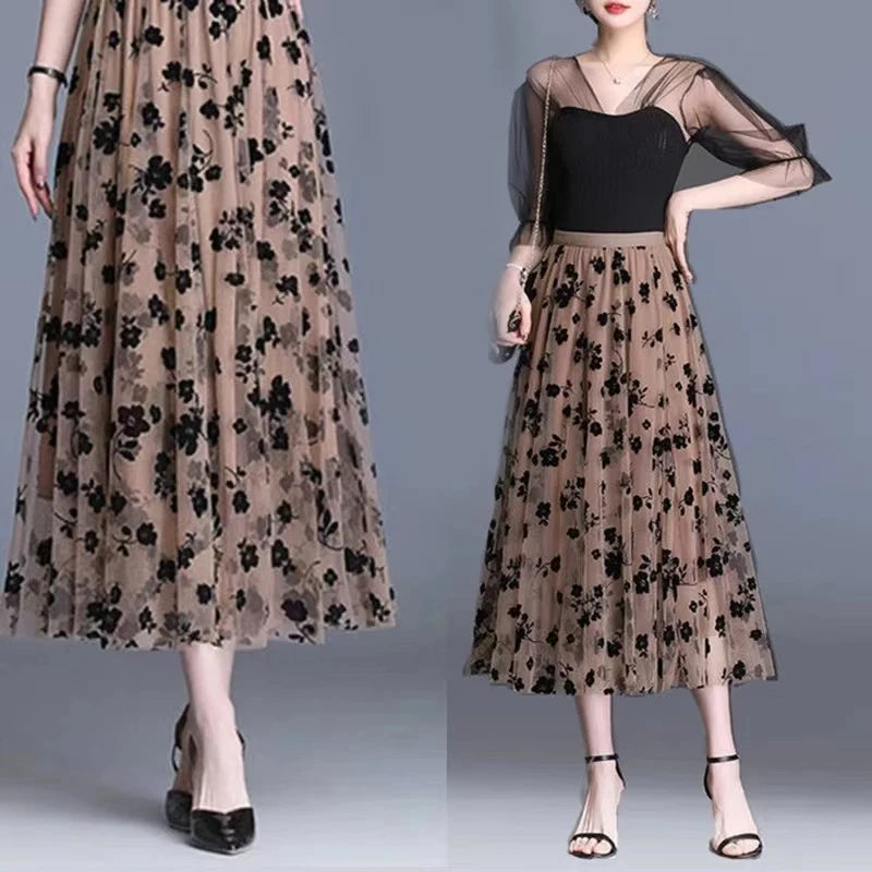 Korean Women Tulle Skirt Fashion Summer Hook Floral Loose Midi Skirt Elegant Female Casual All Match Mesh Skirts New - Smarsty