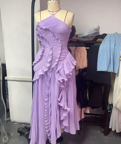 Chic pleated halter neck long vacation dress high quality purple strapless Lotus Edge Maxi Dress 2025 New Lady Vacation Gowns - Smarsty