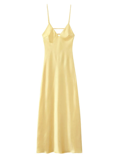 Yellow Elegant Stain Women's Sling Dress Sexy Backless Sleeveless V Neck High Waist Evening Gown Summer Chic Lady Partywear 2025