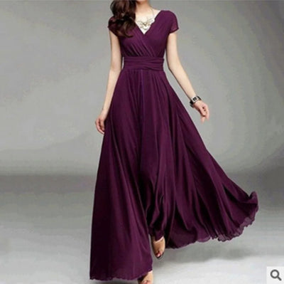 Women's Short-Sleeved Chiffon Evening Dress, Female Party Dress, Monochromatic, Bohemian, Long, Elegant, New, 2022 - Smarsty