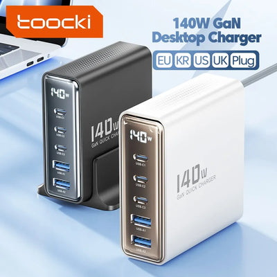 GaN USB Charger 140W 5in1 Desktop with LED Display Ports - Smarsty