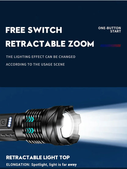 Rechargeable LED Flashlight Zoomable Torch with COB Side Led 7 Modes Waterproof High Power Hand Light Outdoor Wilderness Camping