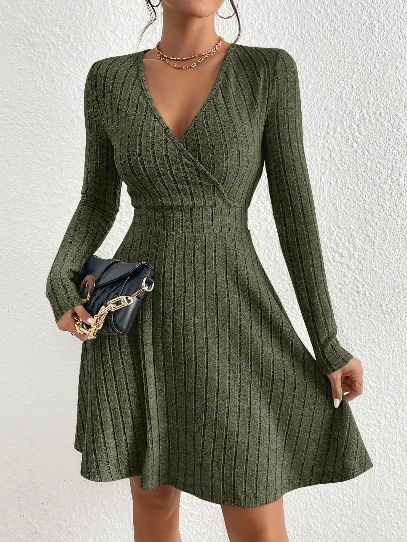 New for autumn/Winter 2024 Women Knit Slim Sexy Bodycon Dress V-Neck Long Sleeve Dress Solid Casual Midi Sweater Dress - Smarsty