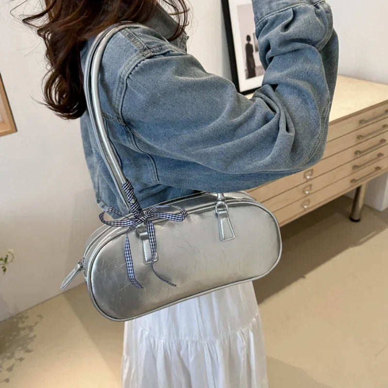 Large Capacity Silver Women Shoulder Bag Daily Use Casual - Smarsty
