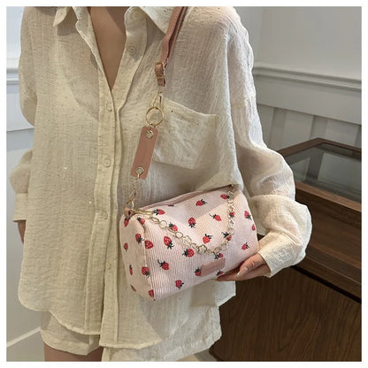 Corduroy Underarm Bag For Women Strawberry Print Mini Tote - Smarsty