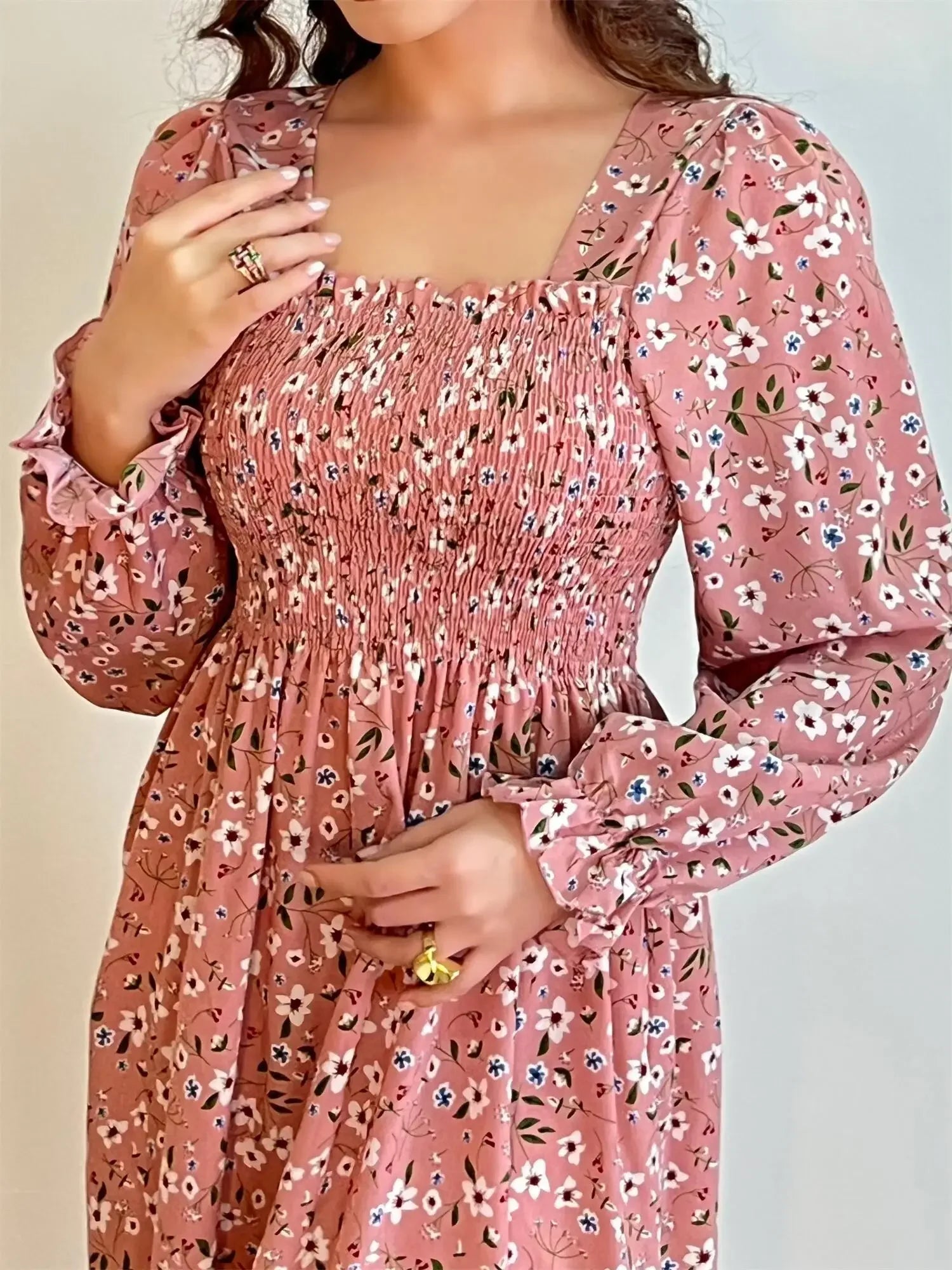 Long Sleeve Casual Dress Women Chiffon Dresses Autumn Spring A-line Printed Floral Elastic Chest Lace Up Midi Dresses Vestidos - Smarsty