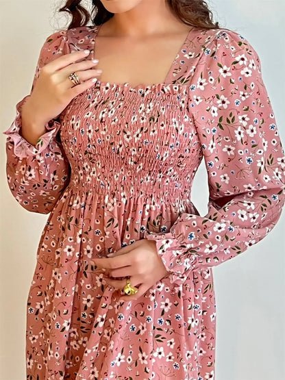 Long Sleeve Casual Dress Women Chiffon Dresses Autumn Spring A-line Printed Floral Elastic Chest Lace Up Midi Dresses Vestidos - Smarsty