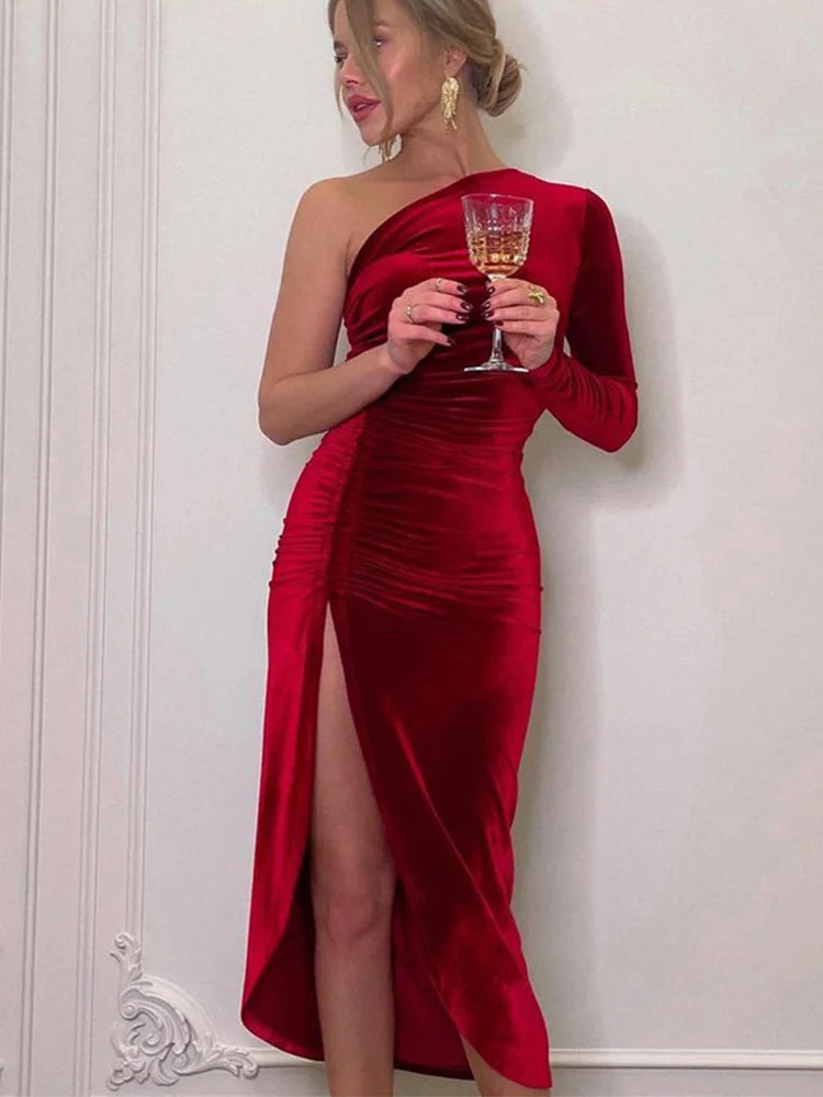 Women Elegant Long Sleeve Party Evening Velvet Bodycon Split Pencil Midi Dress Spring Autumn Clothes - Smarsty